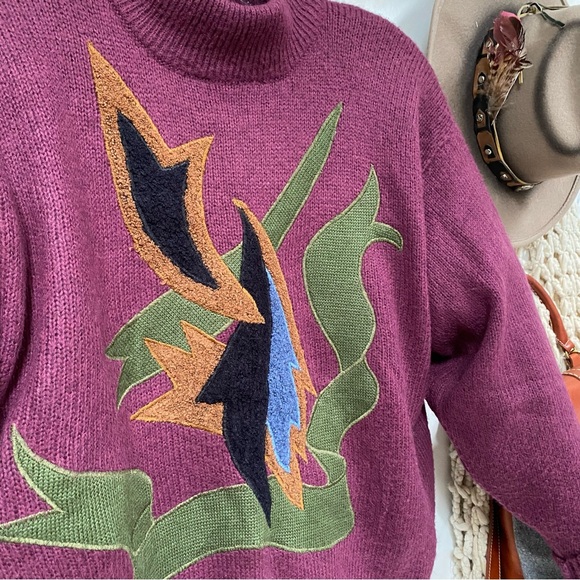Purple Rare Appliqué retro vintage wool blend sweater w YTK 80s MidCentury vibe - Picture 8 of 10